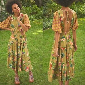 Anthropologie Smocked Backless Green and Pink Midi Dress